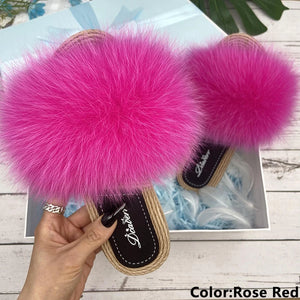 Fur Slippers Woman Flats Faux Straw Sandals Real Raccoon Fox Fur Summer Ladies Light Flip Flops 2024 Fashion New Beach Slides