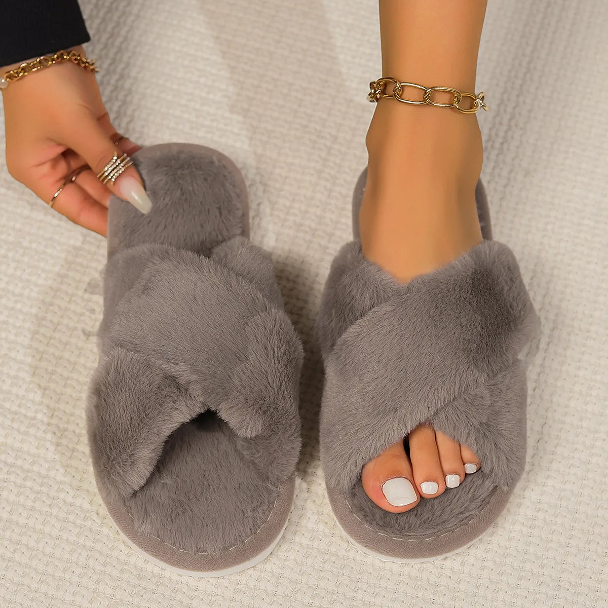 Cross opening spring and autumn home anti slip flat bottomed couple style fashionable and simple open toed hairy slippers